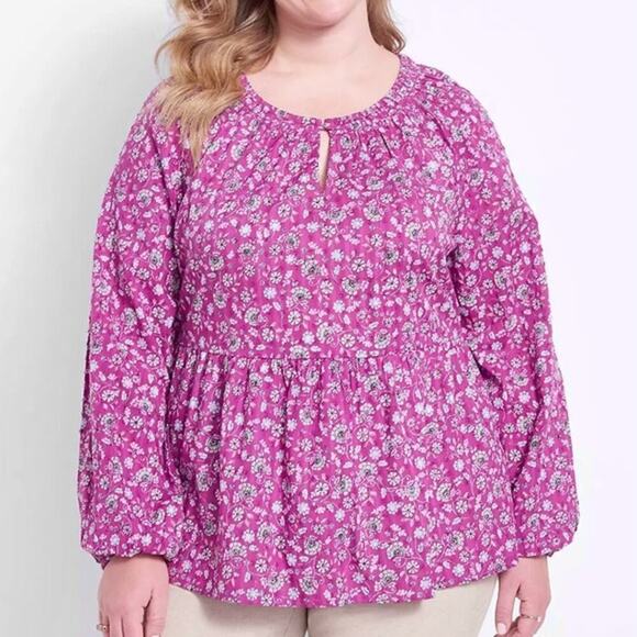 Lane Bryant Tops - Lane Bryant Purple Ditzy Floral Swiss Dot Peplum Keyhole Top Size 18/20 Plus